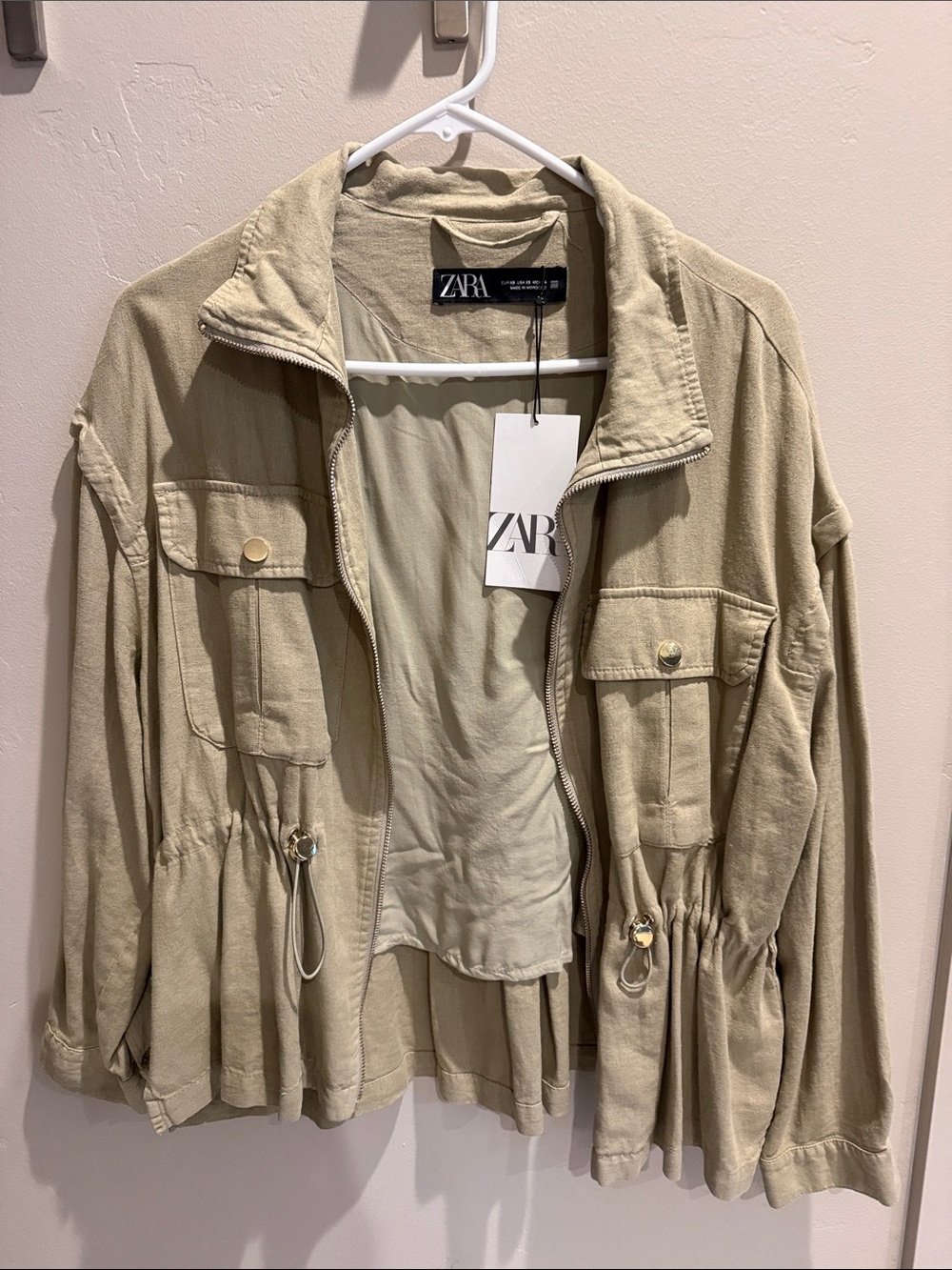 ZARA Light Beige Utility Jacket with Drawstring Waist